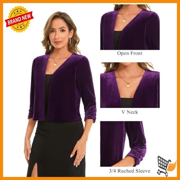 Velvet Cropped Cardigan Shrug 3/4 Sleeve Open Front Cocktail Party Top - Picture 7 of 8